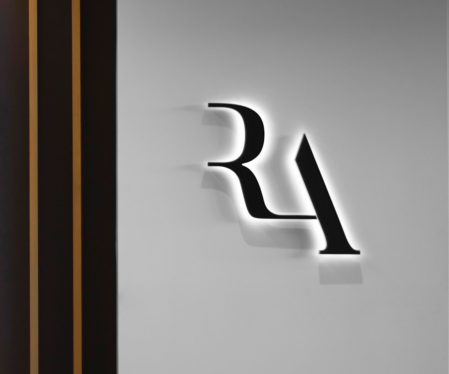 Revance Aesthetics logo as a wall mural, highlighted with white a neon glow