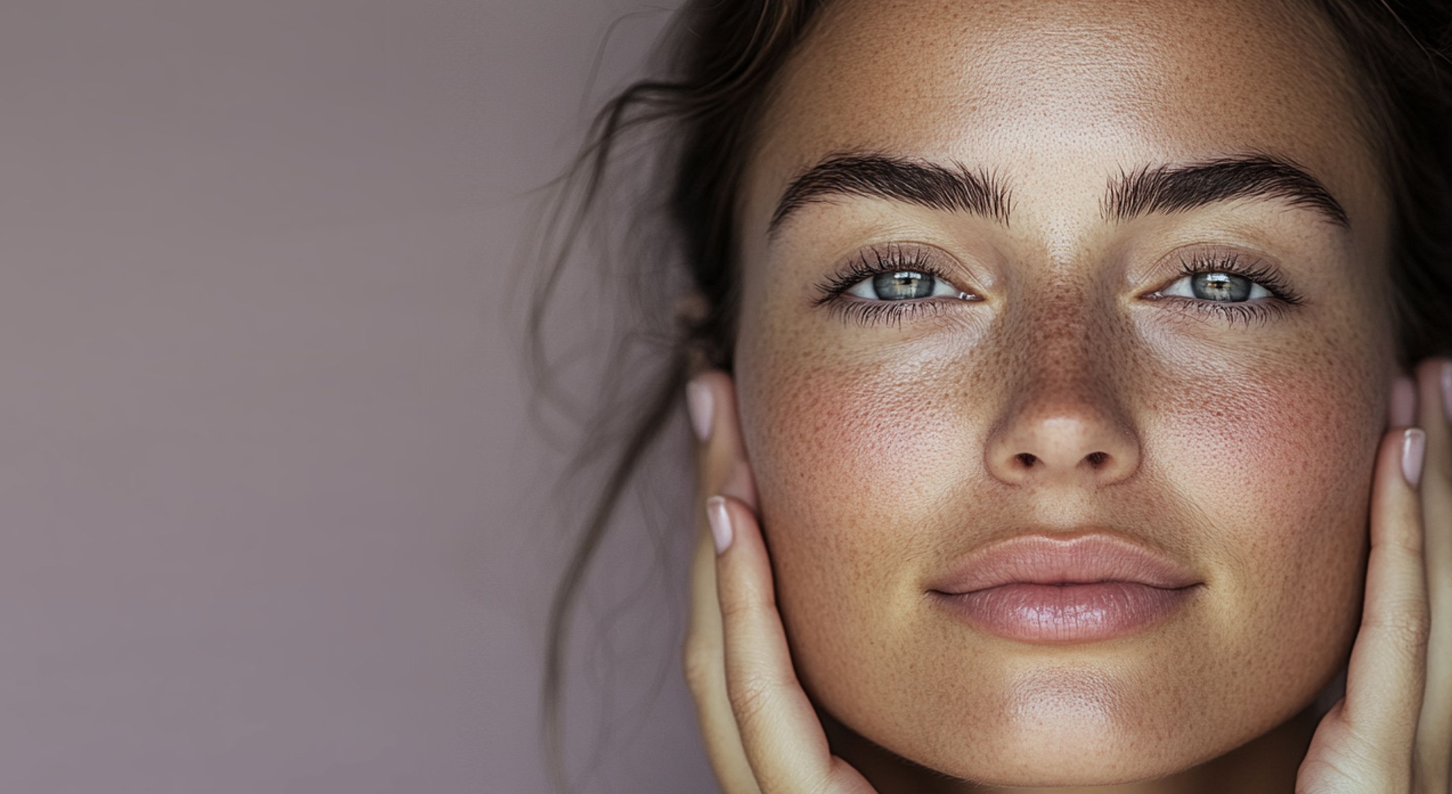 Freckled model with perfect skin looking towards camera