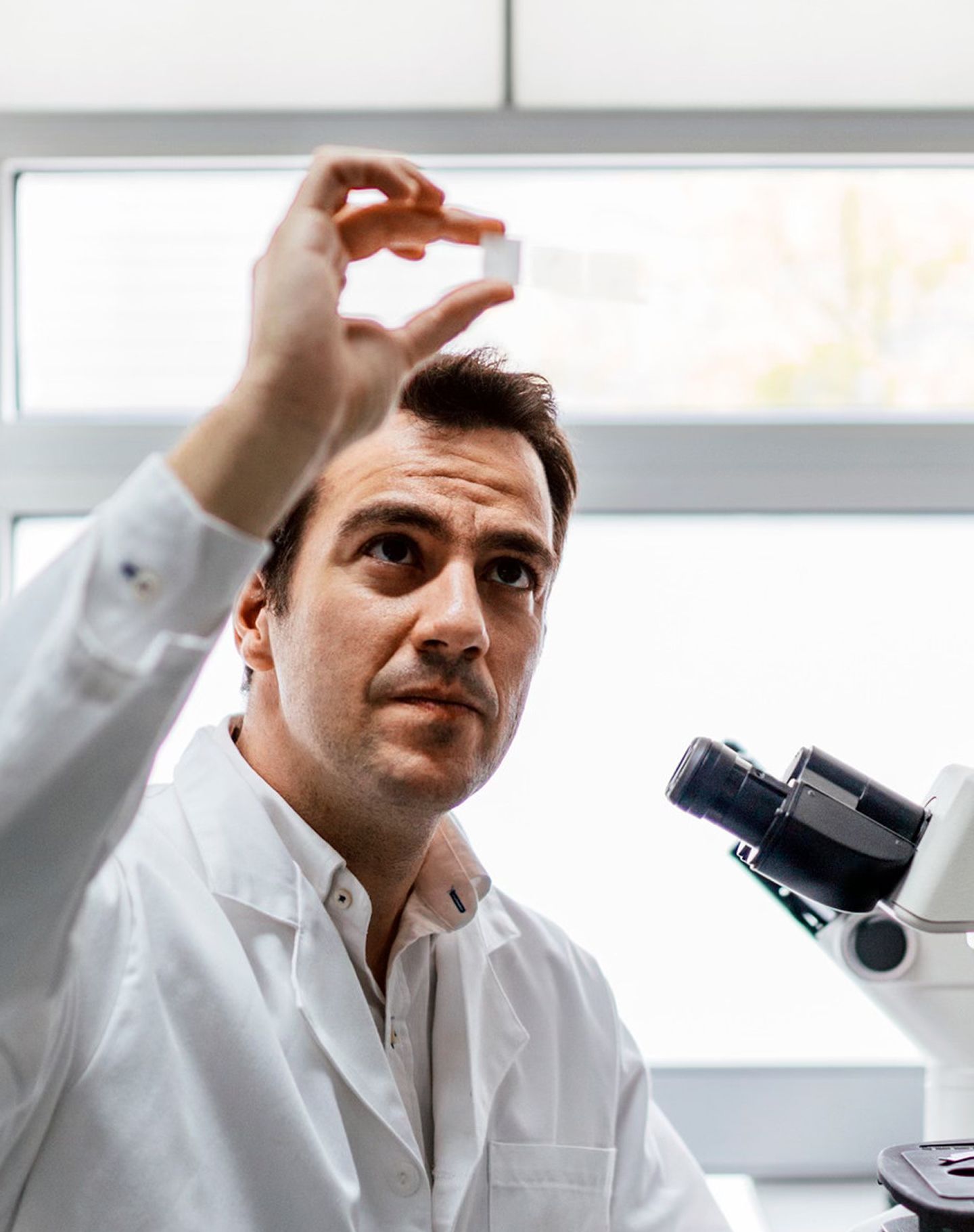 Scientist looking at a microscope sample